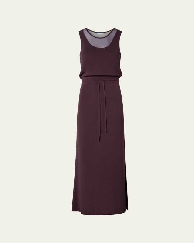 Sleeveless Layered Sheer Viscose Knit Drawstring Midi Dress